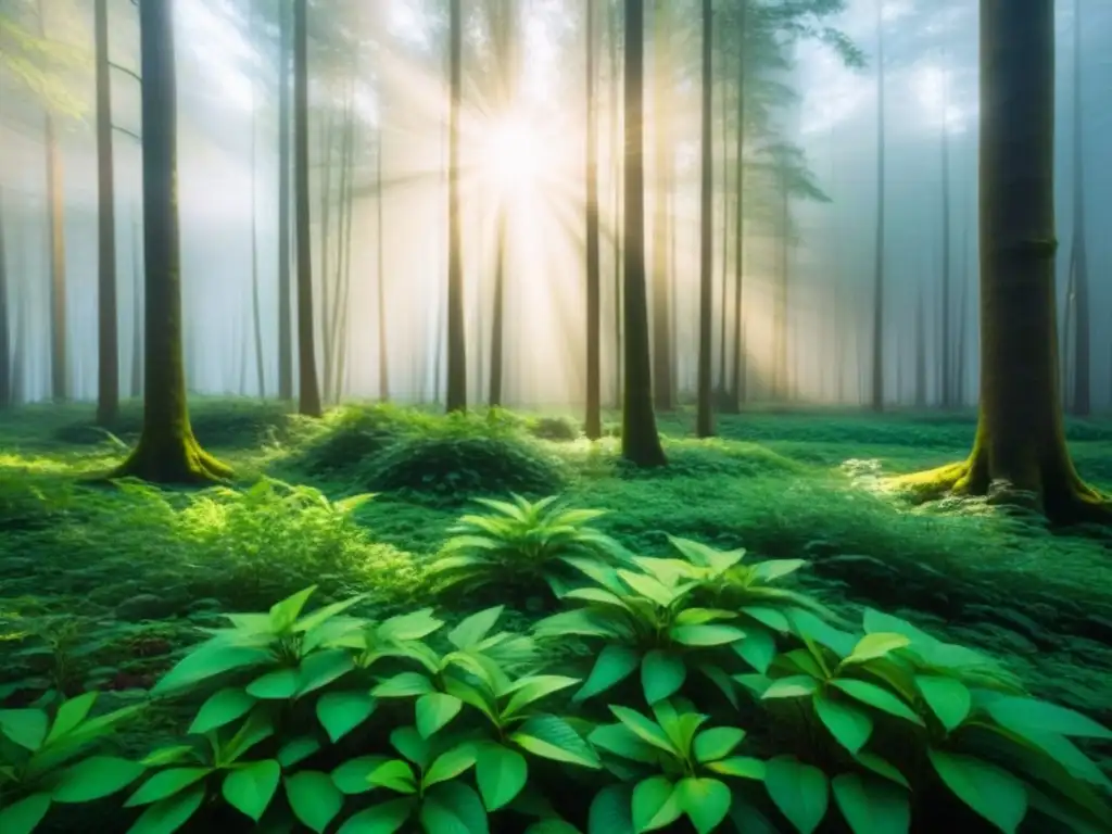 Un bosque verde exuberante con luz solar filtrándose entre las hojas, creando sombras en el suelo