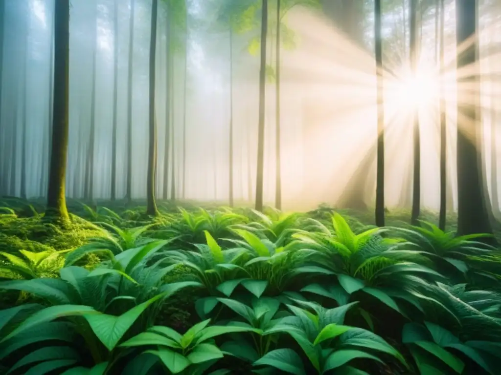 Un bosque verde exuberante con luz solar filtrándose entre las hojas, transmitiendo armonía y serenidad