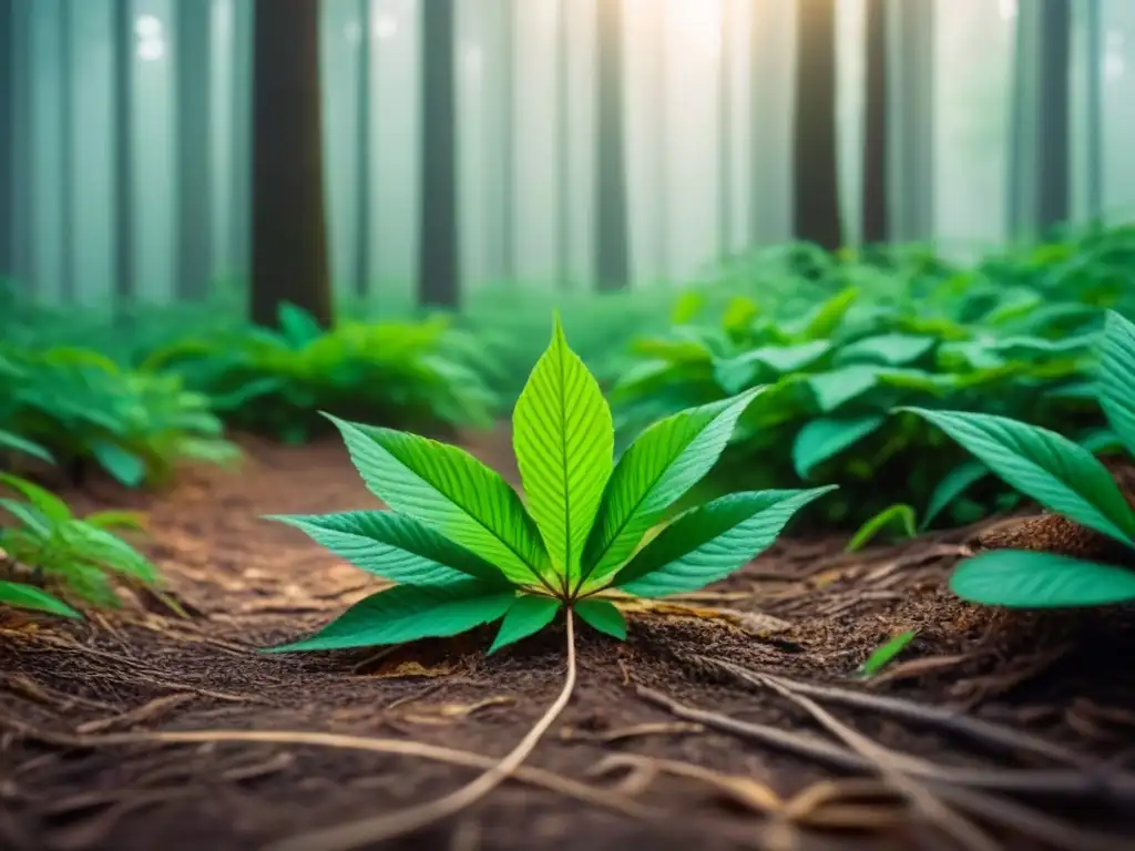 Bosque verde exuberante con luz solar filtrándose entre las hojas, transmitiendo armonía y serenidad