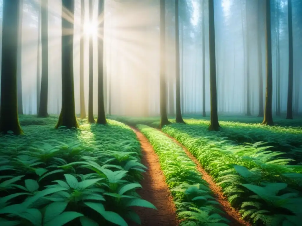 Un bosque verde exuberante con luz solar filtrándose entre las hojas, creando sombras moteadas en el suelo del bosque