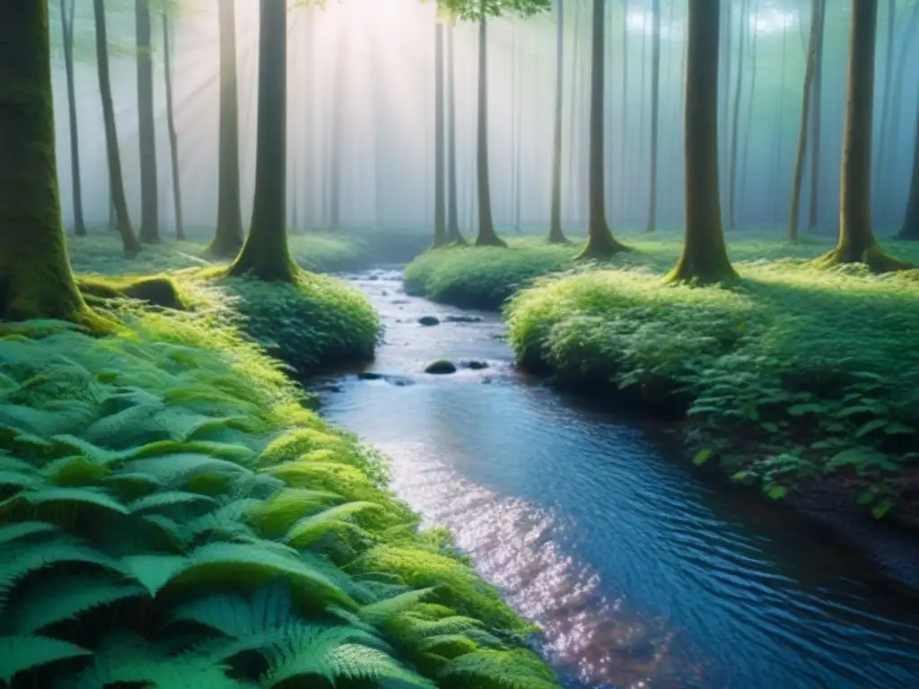 Un bosque verde exuberante con luz solar filtrándose entre las hojas, creando sombras moteadas en el suelo