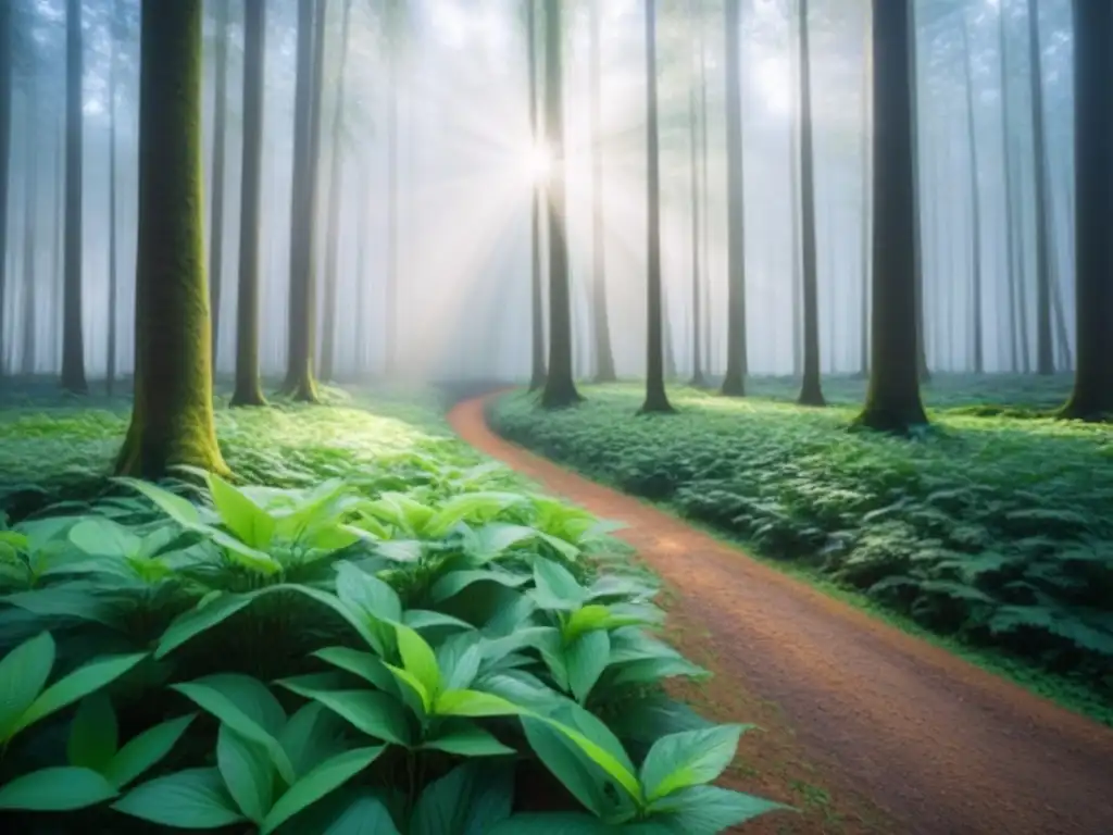 Un bosque verde exuberante con luz solar filtrándose entre los árboles, creando sombras suaves en el suelo y transmitiendo tranquilidad