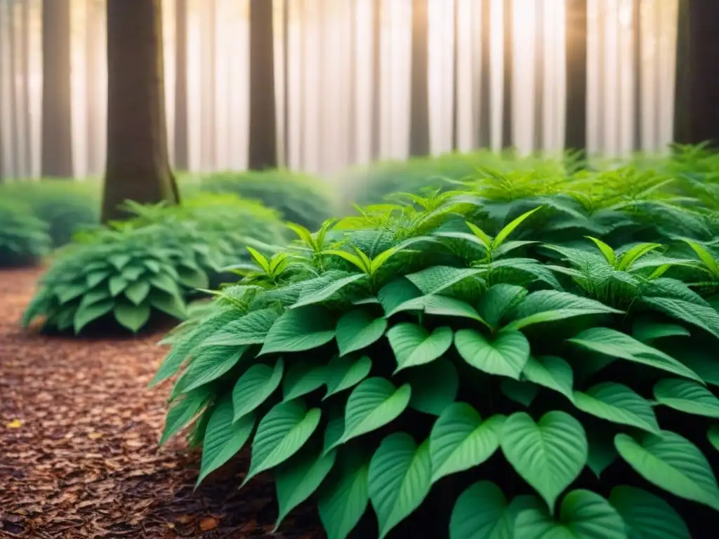 Un bosque verde exuberante con luz solar filtrándose, creando sombras en el suelo