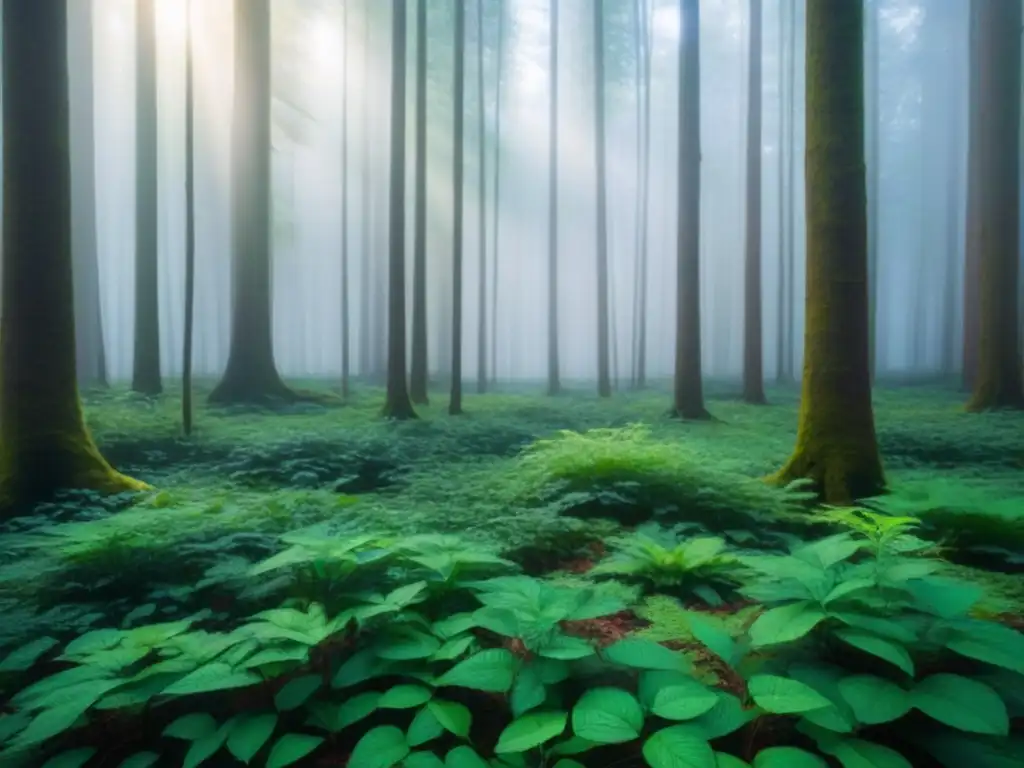 Un bosque verde exuberante con luz solar filtrándose entre las hojas, creando sombras moteadas en el suelo del bosque