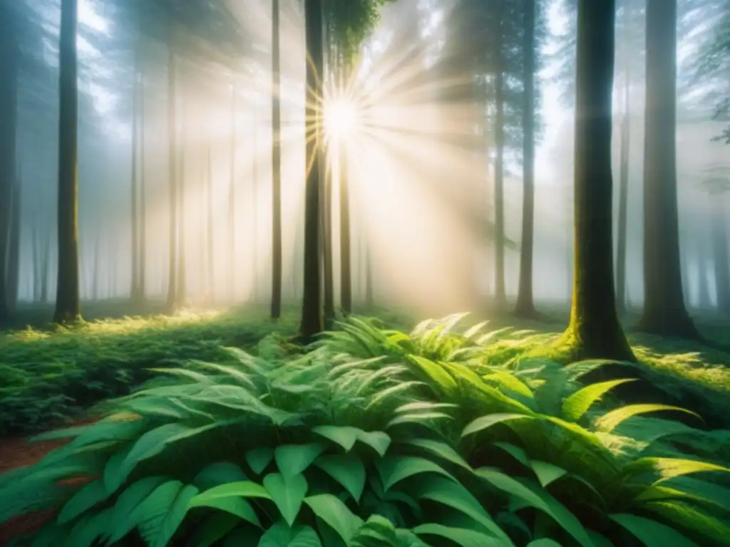 Un bosque verde exuberante con luz solar filtrada entre las hojas, creando sombras suaves en el suelo