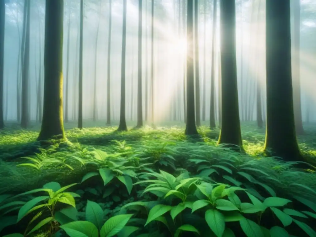 Un bosque verde exuberante con luz solar filtrándose entre las hojas, creando sombras en el suelo