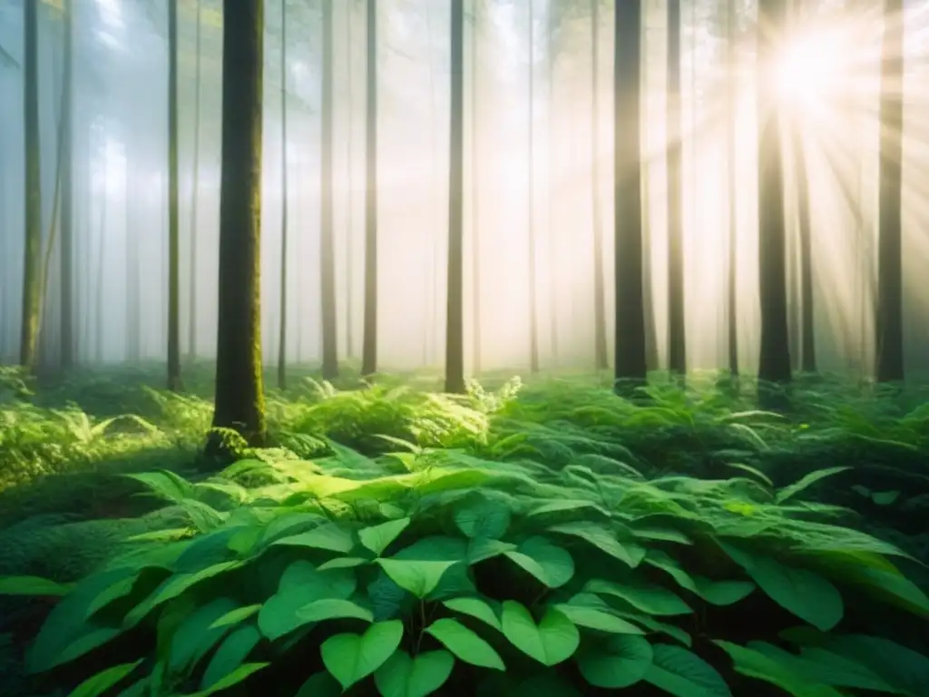 Un bosque verde exuberante con luz solar filtrándose entre las hojas, creando un efecto moteado en el suelo del bosque