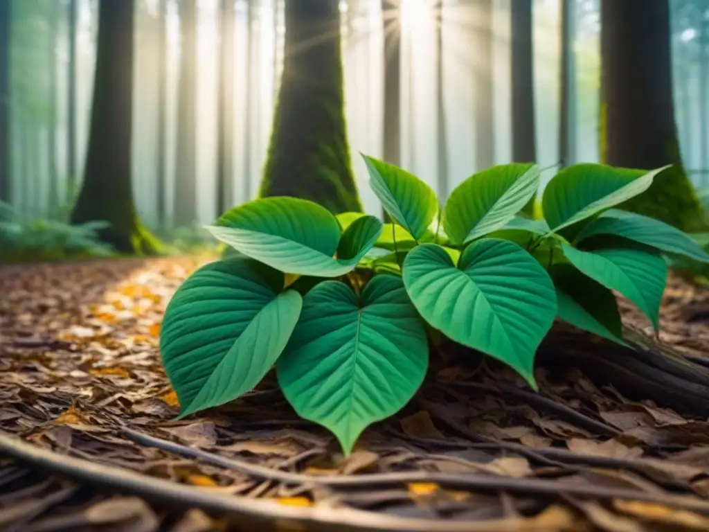 Un bosque verde exuberante con luz solar filtrándose entre las hojas, creando sombras moteadas