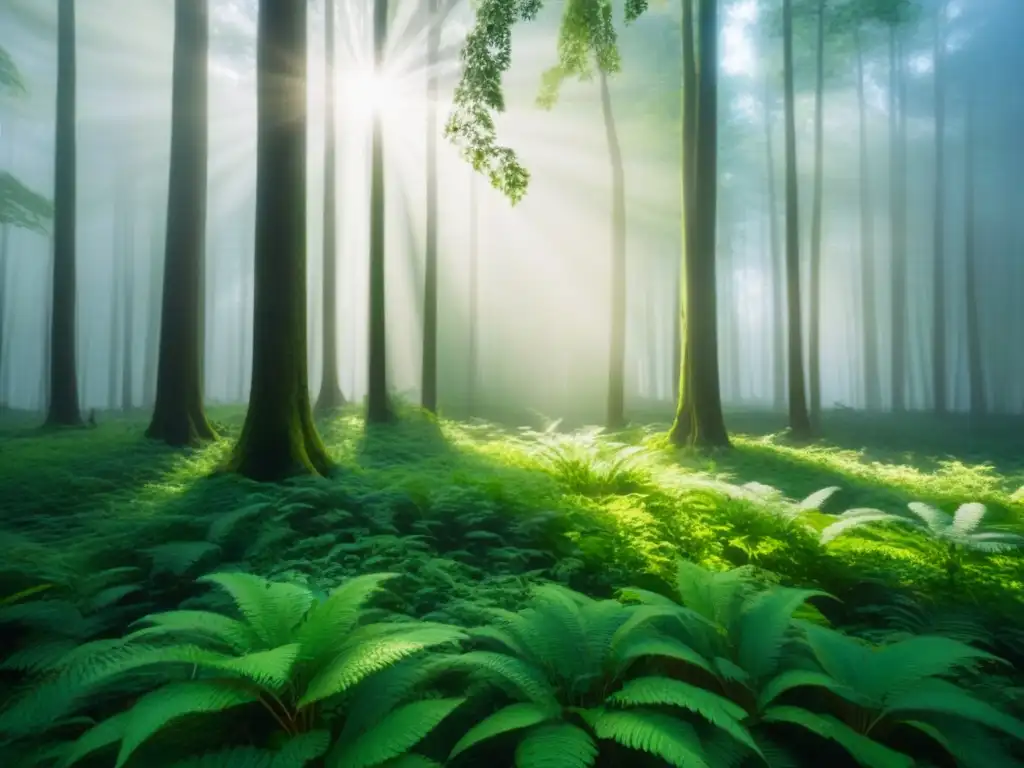 Bosque verde exuberante con luz solar filtrándose entre el dosel, creando sombras en el suelo