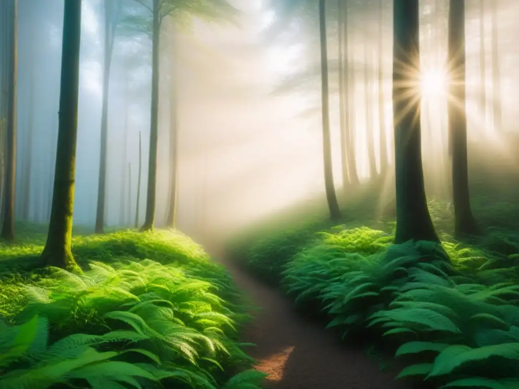 Un bosque verde exuberante con luz solar filtrándose entre las hojas, creando armonía y paz