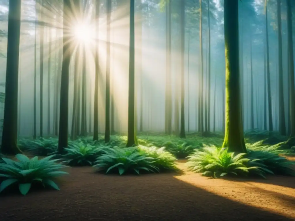 Un bosque verde exuberante con luz solar filtrada entre el dosel, creando sombras moteadas en el suelo del bosque