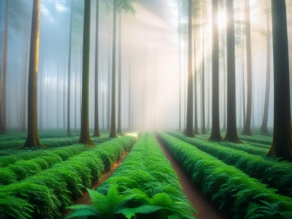 Un bosque verde exuberante con luz filtrada entre las copas, creando un escenario natural sereno y armonioso