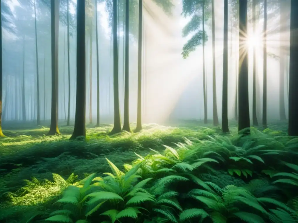 Un bosque verde exuberante con luz solar filtrándose a través del dosel, creando sombras suaves en el suelo