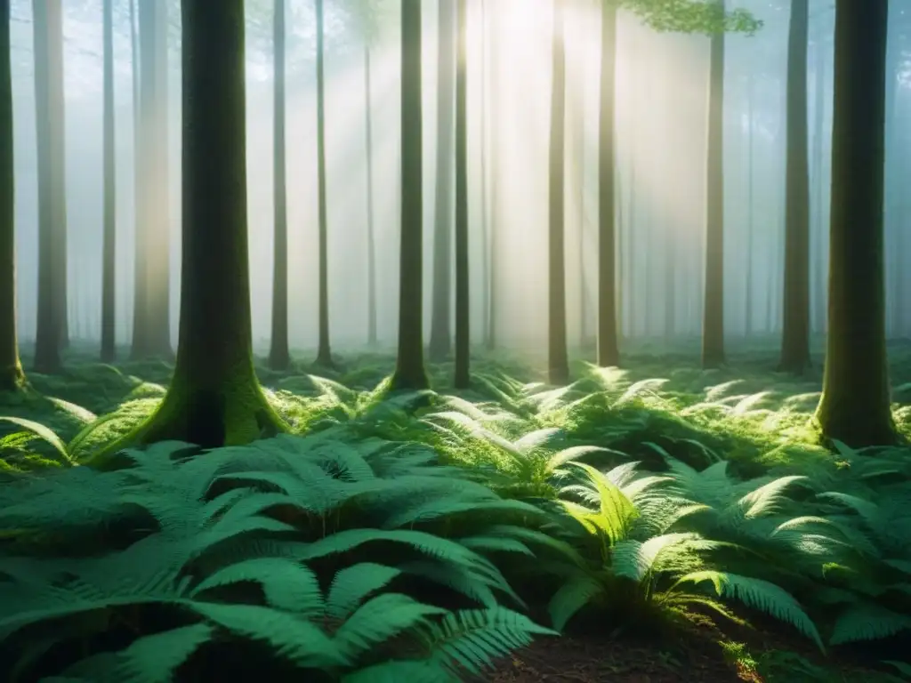 Un bosque verde exuberante con luz solar filtrándose entre las hojas, creando sombras moteadas en el suelo