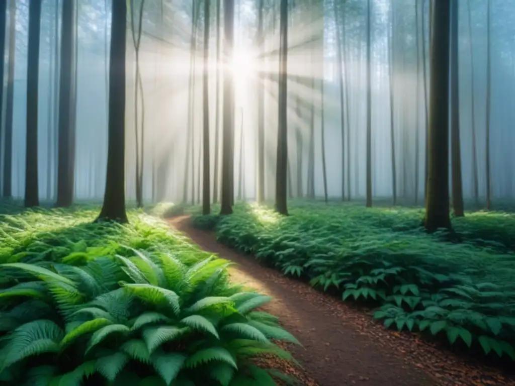 Un bosque verde exuberante con luz solar filtrándose entre las hojas, creando sombras suaves en el suelo