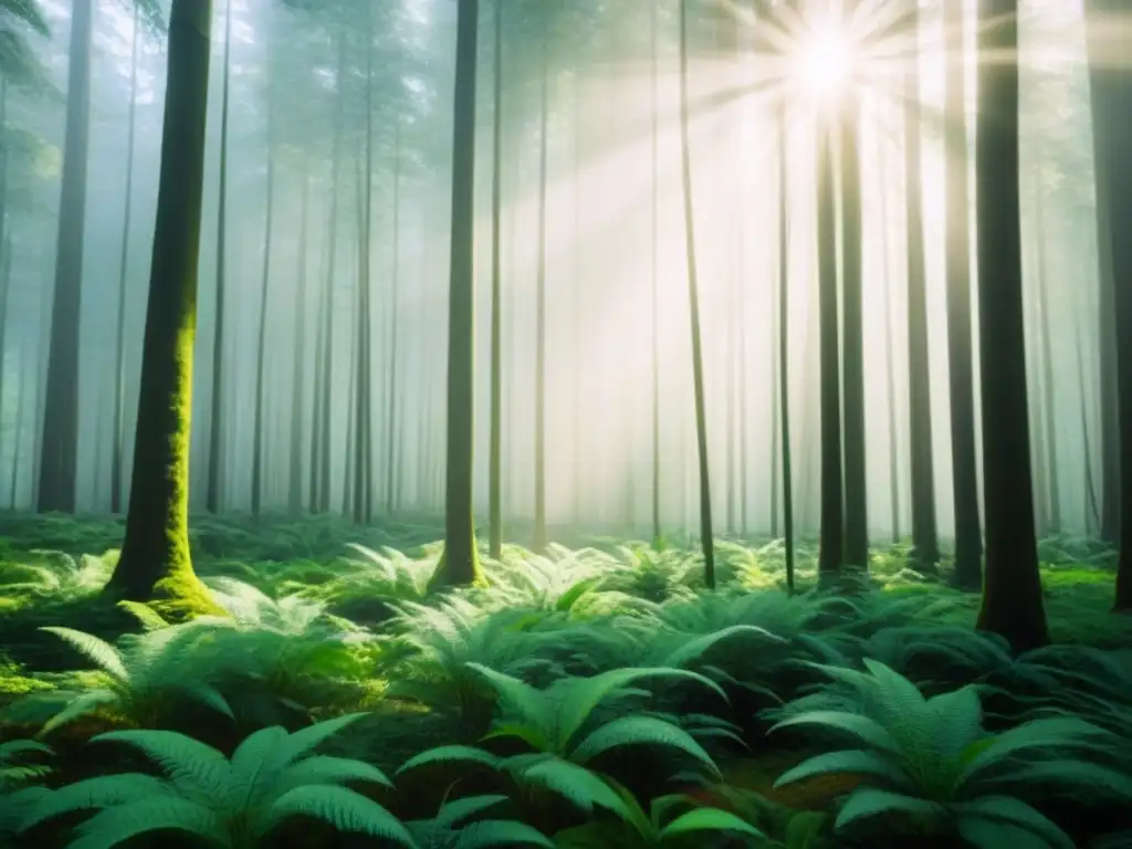 Bosque verde exuberante con luz solar filtrándose, un entorno sostenible y tranquilo