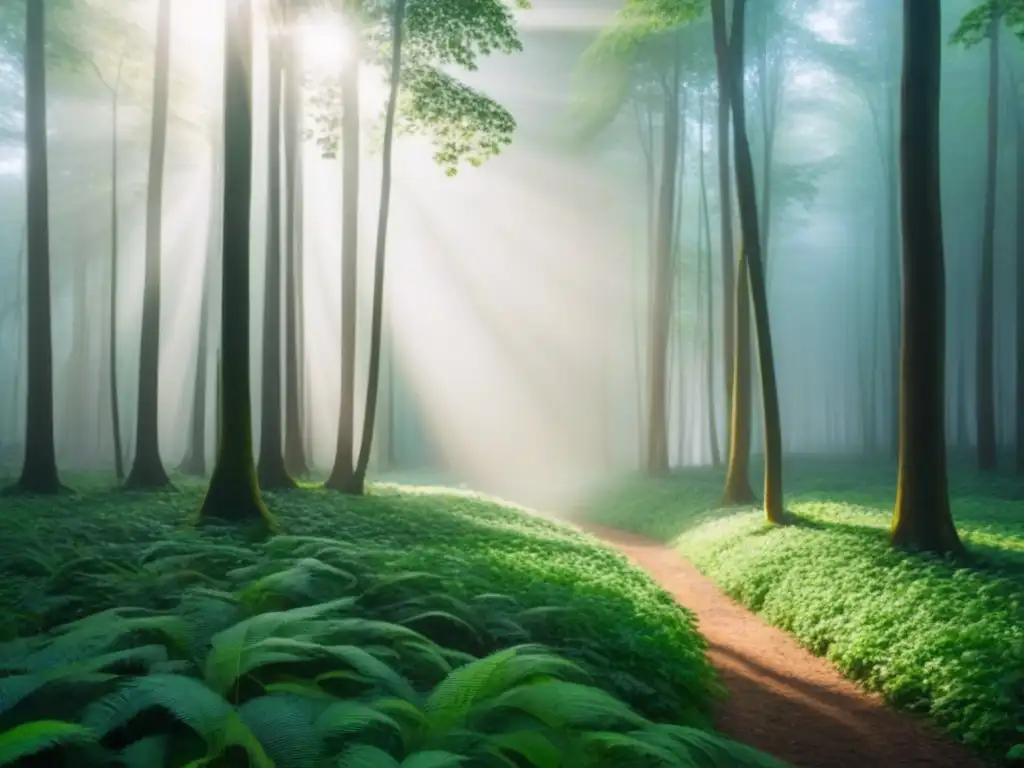 Un bosque verde exuberante con luz solar filtrándose entre las hojas, creando sombras moteadas en el suelo