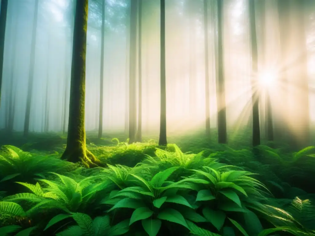 Bosque verde exuberante con luz solar entre las hojas, resaltando la importancia de las baterías sostenibles