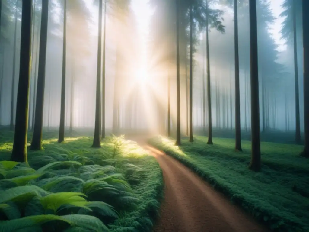 Un bosque verde exuberante con luz solar filtrándose entre las hojas, transmitiendo calma y belleza en un contexto de viaje sostenible zero waste