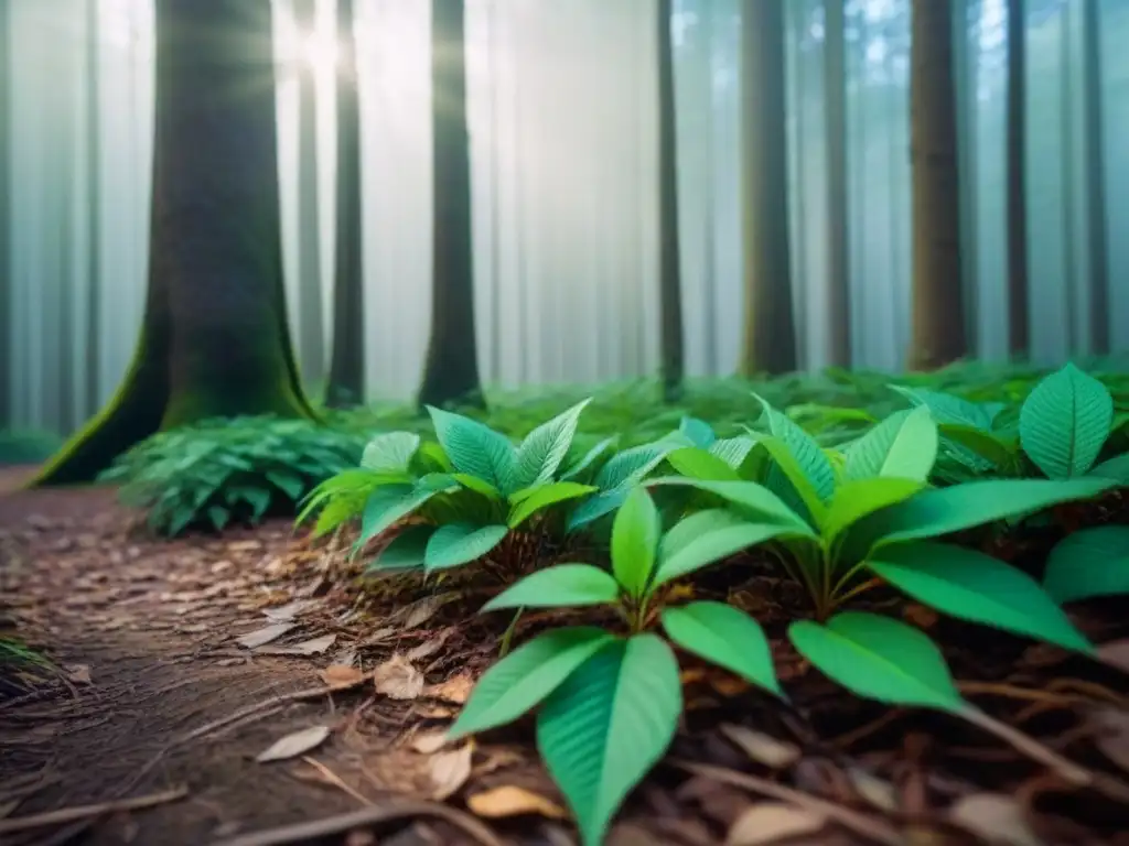 Un bosque verde exuberante con luz solar entre las hojas, creando sombras suaves en el suelo