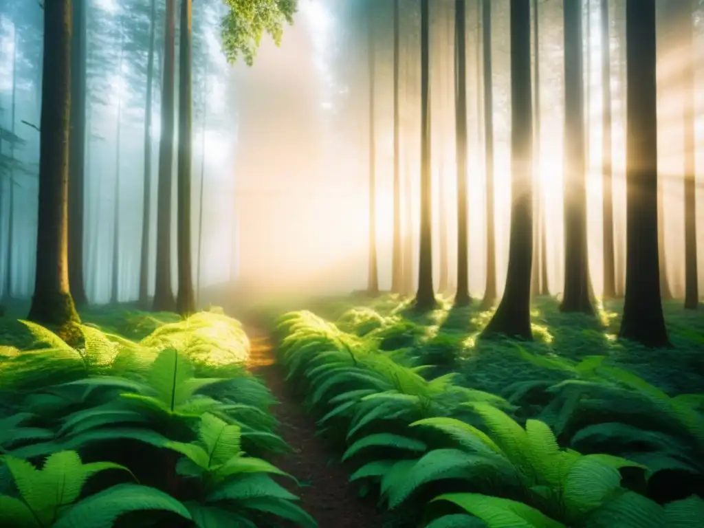 Un bosque verde exuberante con luz solar filtrándose entre las hojas, promoviendo un estilo de vida sostenible