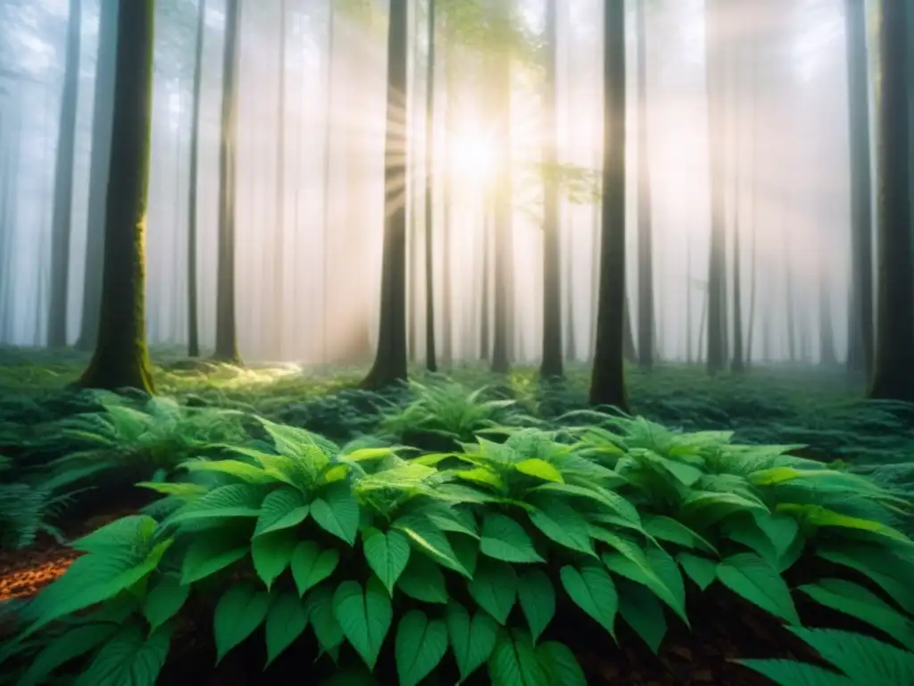 Bosque verde exuberante con luz solar filtrándose a través del dosel, creando patrones de luz y sombra en el suelo del bosque