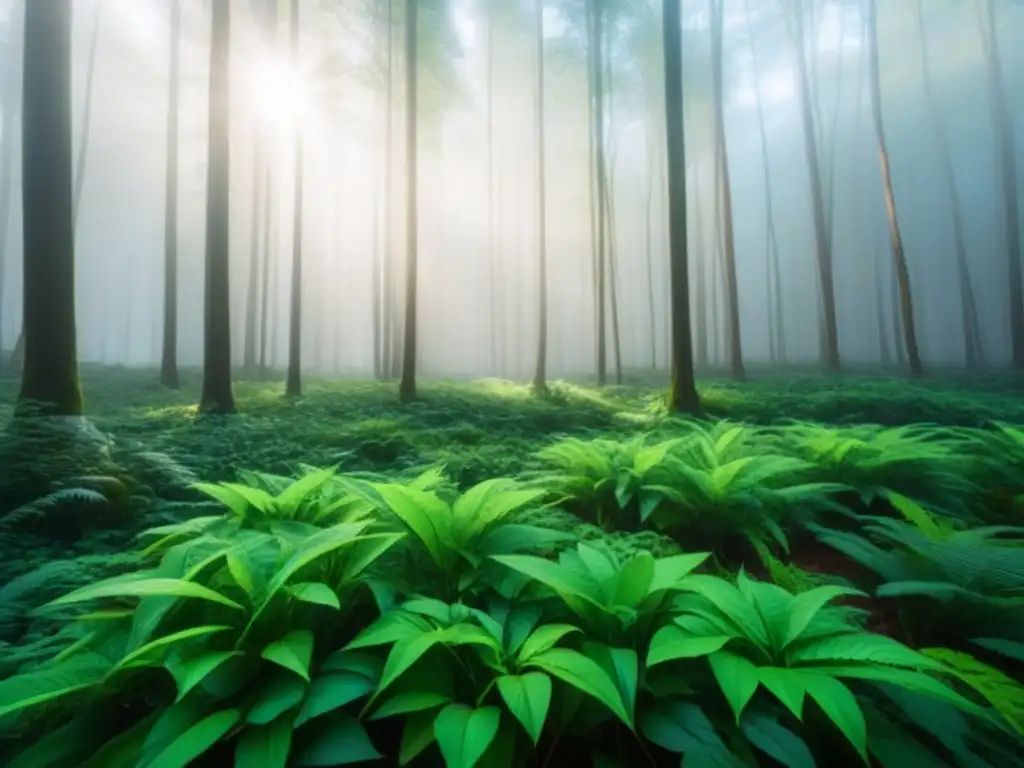 Un bosque verde exuberante con luz solar entre sus hojas, resaltando la diversidad y belleza