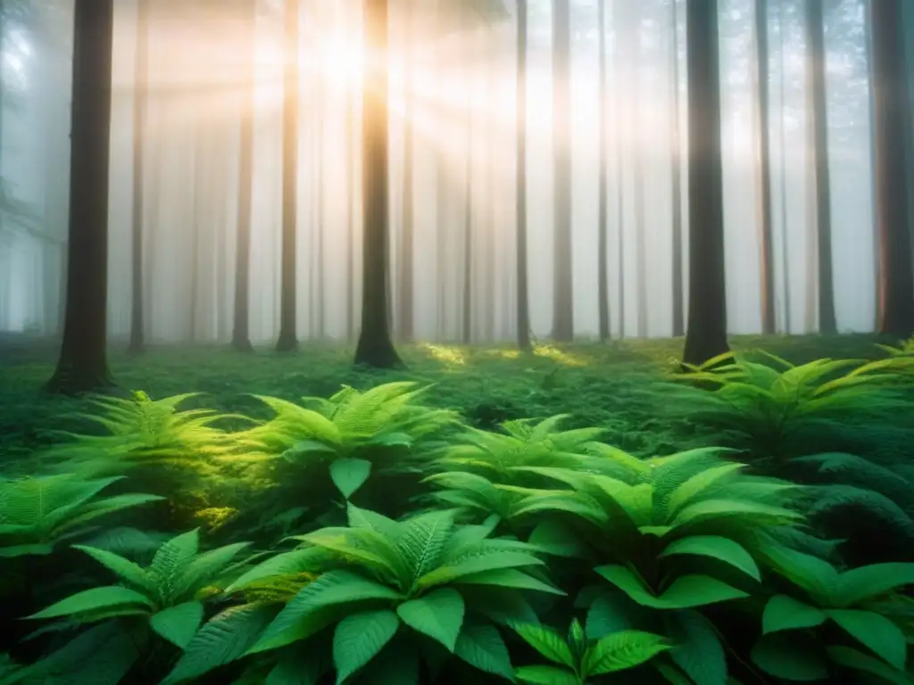 Bosque verde exuberante con luz solar filtrándose entre las hojas, transmitiendo la paz de la naturaleza