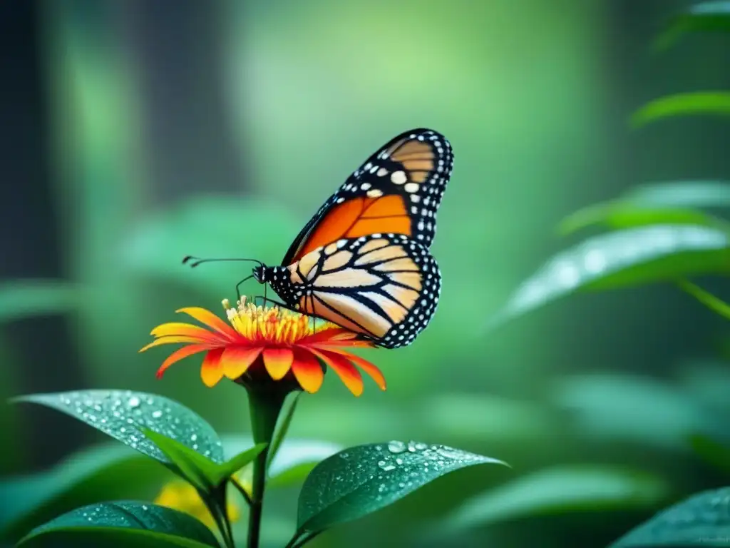 Un bosque verde exuberante con una mariposa monarca en una flor, rodeada de telarañas con gotas de rocío