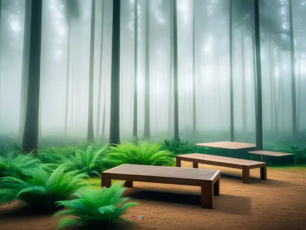 Un bosque verde exuberante con muebles sostenibles integrados en armonía con la naturaleza