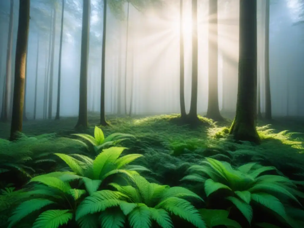Un bosque verde exuberante con neblina y luz solar, un ambiente tranquilo y sostenible