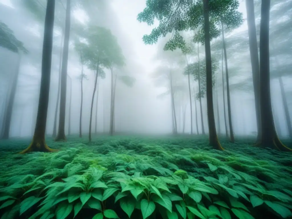 Un bosque verde exuberante con neblina, hojas y luz filtrándose entre las ramas