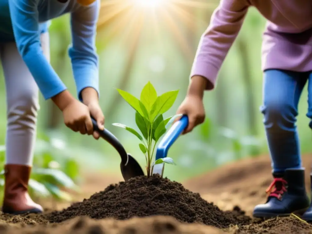 Un bosque verde y exuberante donde niños diversos plantan árboles, con luz solar filtrándose entre las hojas