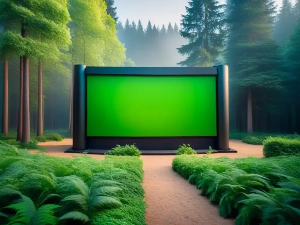 Un bosque verde exuberante con una pantalla de cine entre los árboles, iluminando con luz cálida