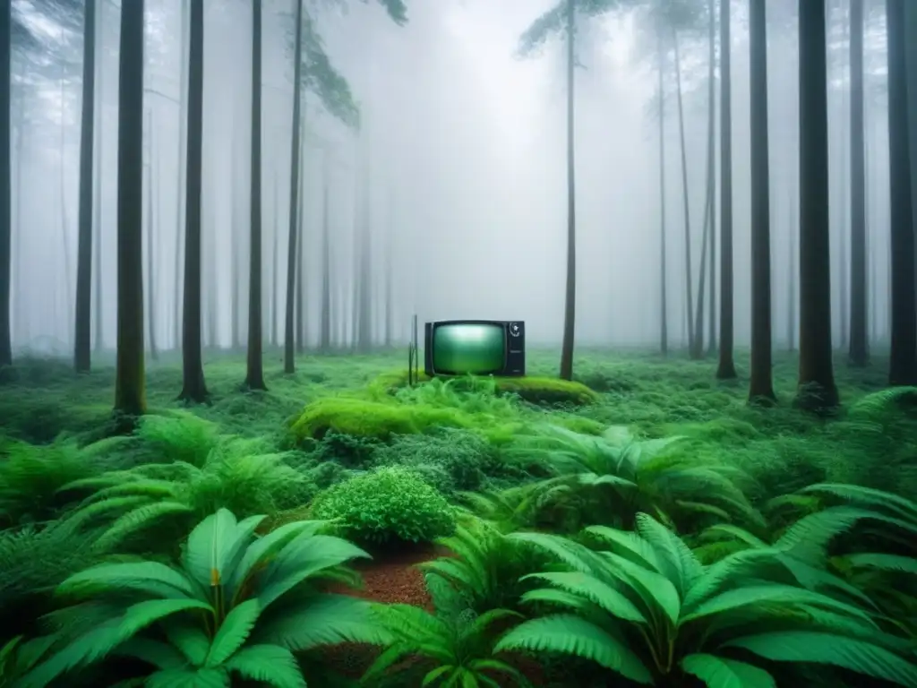 Un bosque verde exuberante con pantallas de televisión mostrando documentales de naturaleza y mensajes ambientales, fusionando entretenimiento y sostenibilidad en series televisión mensaje verde sostenible