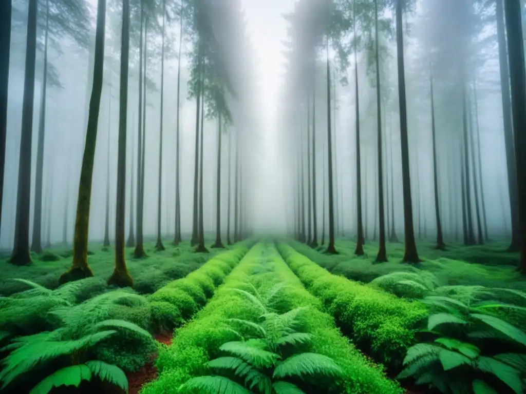 Un bosque verde exuberante con ramas entrelazadas formando un certificado de bonos, simbolizando la conexión entre inversiones sostenibles y la naturaleza en el mercado de bonos verdes