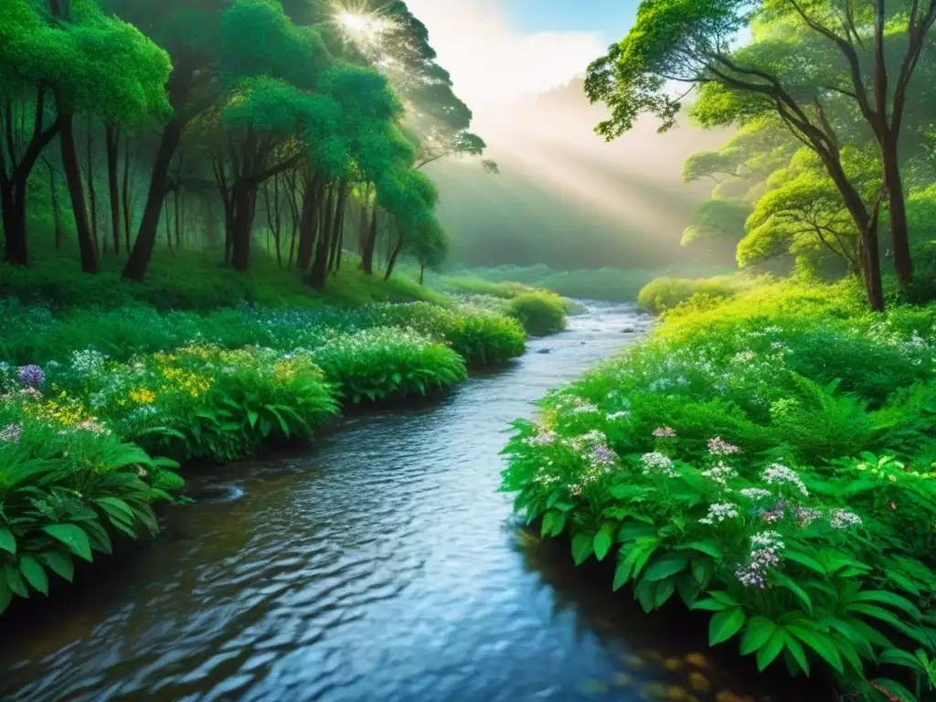 Un bosque verde exuberante con rayos de sol filtrándose entre el dosel, resaltando flores silvestres y un arroyo