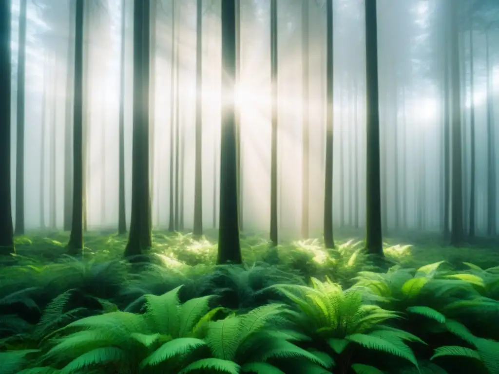 Bosque verde exuberante con rayos de sol, simbolizando crecimiento y beneficios financieros de invertir en fondos sostenibles