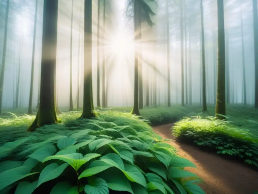 Un bosque verde exuberante con rayos de sol, creando una atmósfera tranquila y sostenible