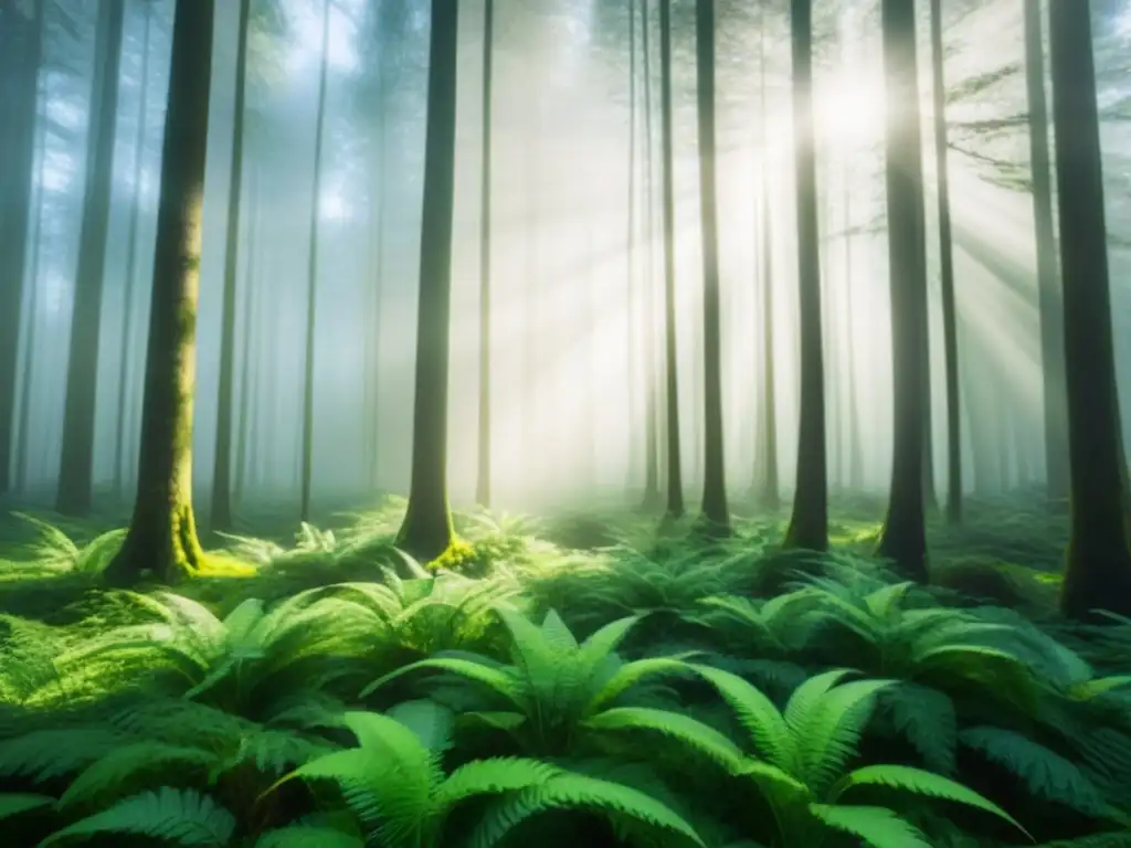 Un bosque verde exuberante con rayos de sol filtrándose, simbolizando crecimiento y sostenibilidad