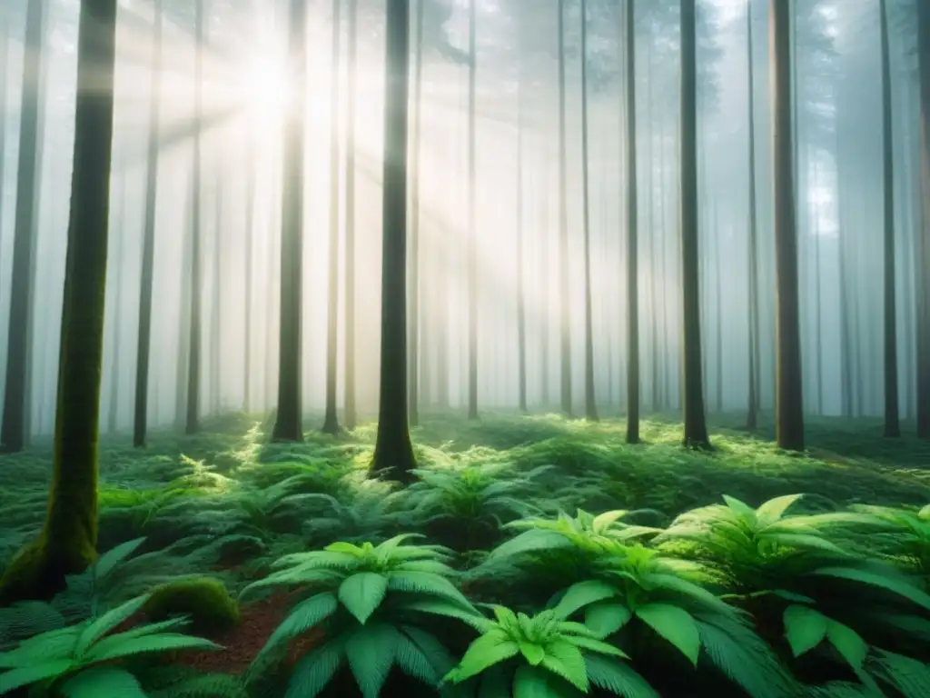 Un bosque verde exuberante con rayos de sol filtrándose a través del dosel, representando la inversión en bonos verdes