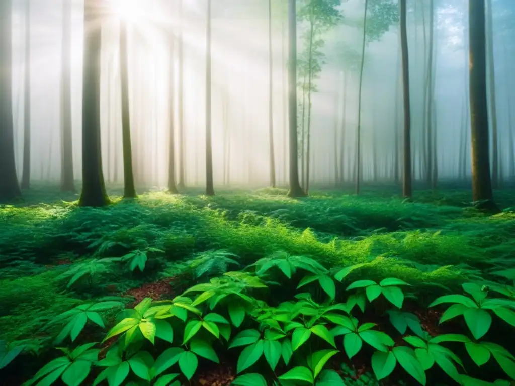 Un bosque verde exuberante con rayos de luz filtrándose entre las hojas, creando patrones en el suelo