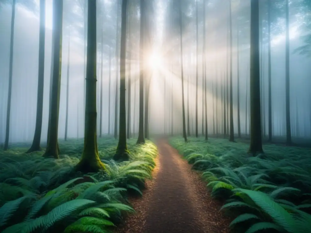 Un bosque verde exuberante con rayos de sol que crean un ambiente tranquilo y ecológico, ideal para productos de limpieza ecológicos sostenibles