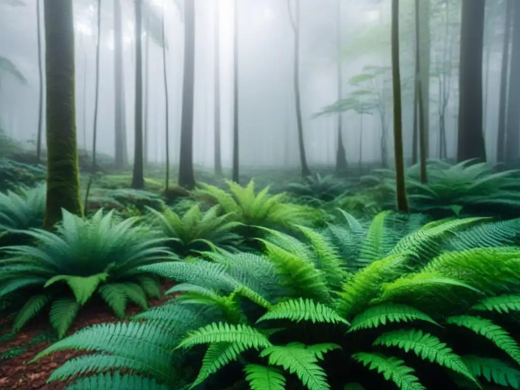 Un bosque verde exuberante con rayos de sol filtrándose entre el dosel, hojas vibrantes y helechos delicados en el suelo