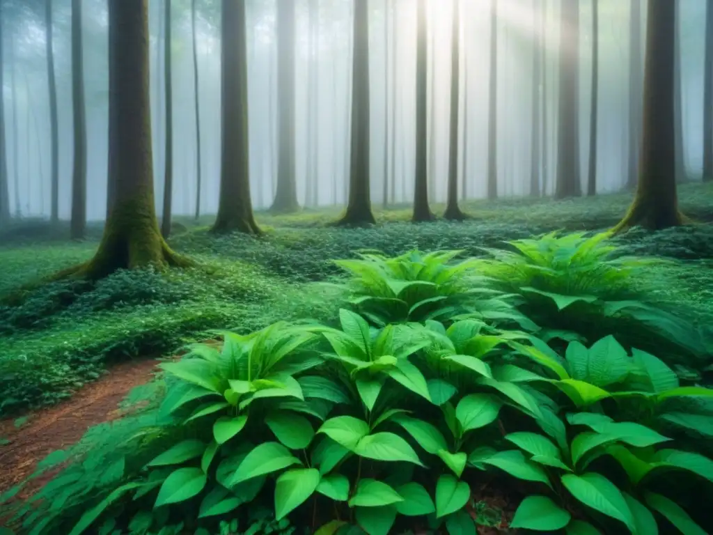 Un bosque verde exuberante con rayos de sol filtrándose entre las hojas, transmitiendo tranquilidad y belleza natural