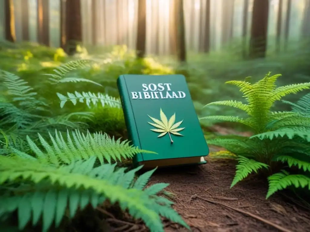 Un bosque verde exuberante con rayos de sol filtrándose, iluminando un libro 'Sostenibilidad' rodeado de flores silvestres y helechos