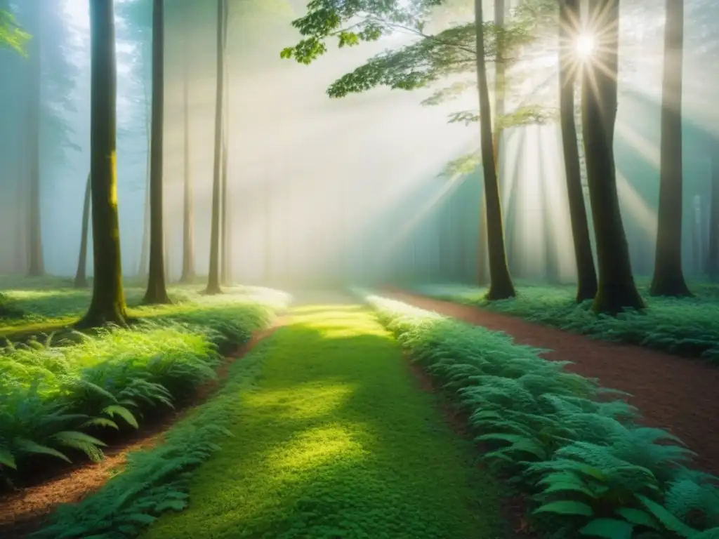 Un bosque verde exuberante con rayos de sol filtrándose entre los árboles, creando sombras