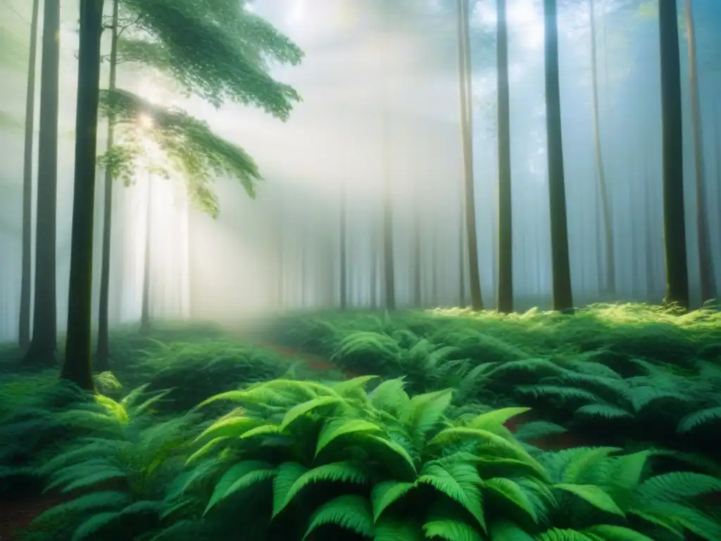 Un bosque verde exuberante con rayos de luz filtrándose entre las hojas, transmitiendo frescura y pureza