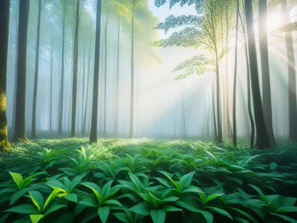 Un bosque verde exuberante con rayos de sol filtrándose entre las hojas y un cielo azul claro al fondo, evocando protección solar ecológica sostenible