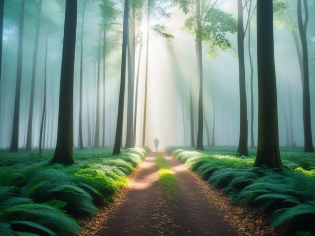 Un bosque verde exuberante con rayos de sol filtrándose entre las hojas, proyectando sombras moteadas en el suelo del bosque